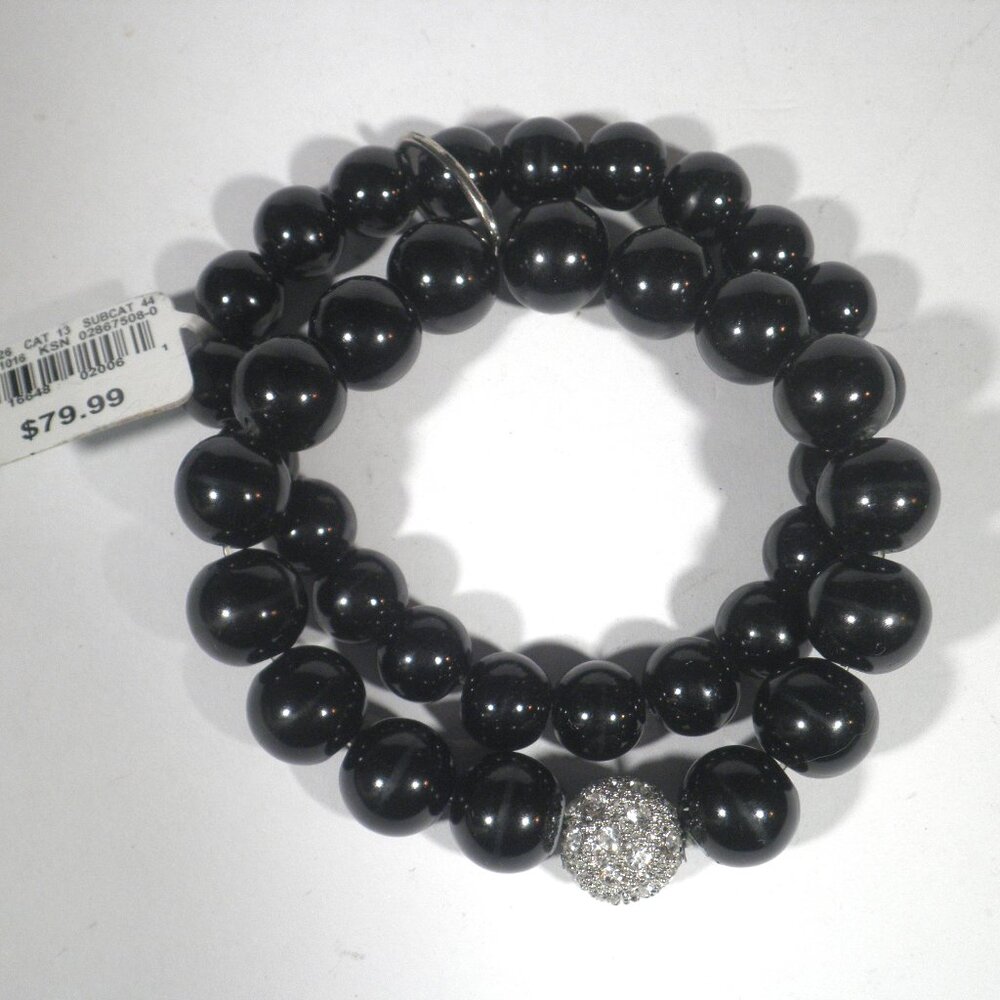 Vintage Black Glass  Double-Strand Beaded Elastic Bracelet